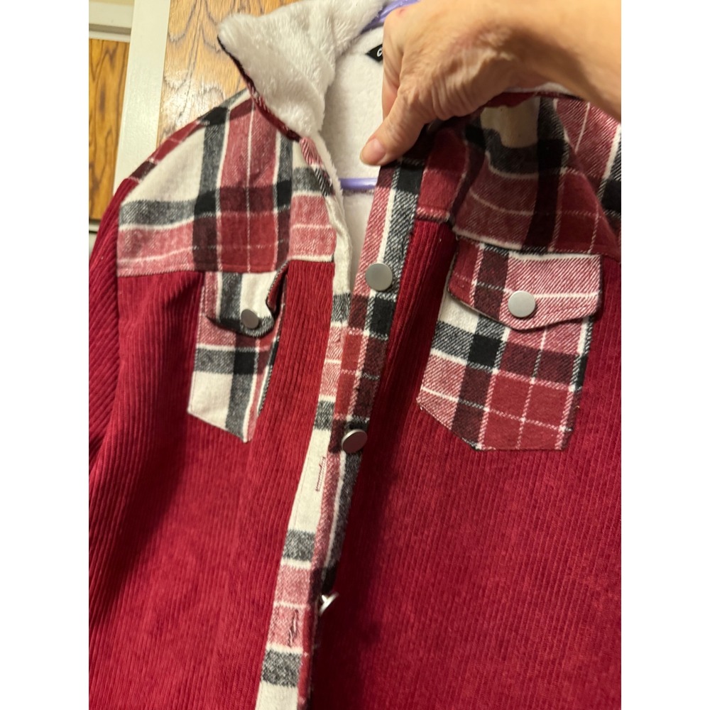 Chicme Red Corduroy Sherpa Lined Plaid Shacket Jacket XL Womens Cozy Layering - Picture 2 of 5